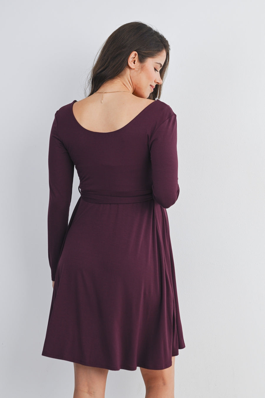 Scoop Neck Long Sleeve Maternity Tie Dress - Burgandy