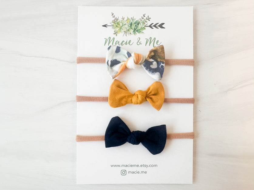 Set of 3 Tied Bows on Nylon Headbands - Mustard Abstract, Mustard, and Navy