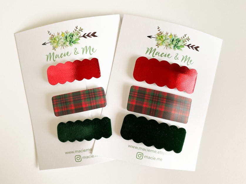 Set of 3 Snap Clips - Red Gloss, Tartan, and Green Suede