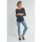 Stripe Maternity/Nursing Top with Button Detail - Black