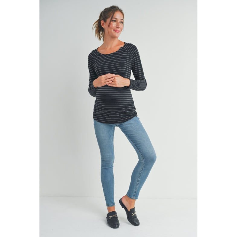 Stripe Maternity/Nursing Top with Button Detail - Black