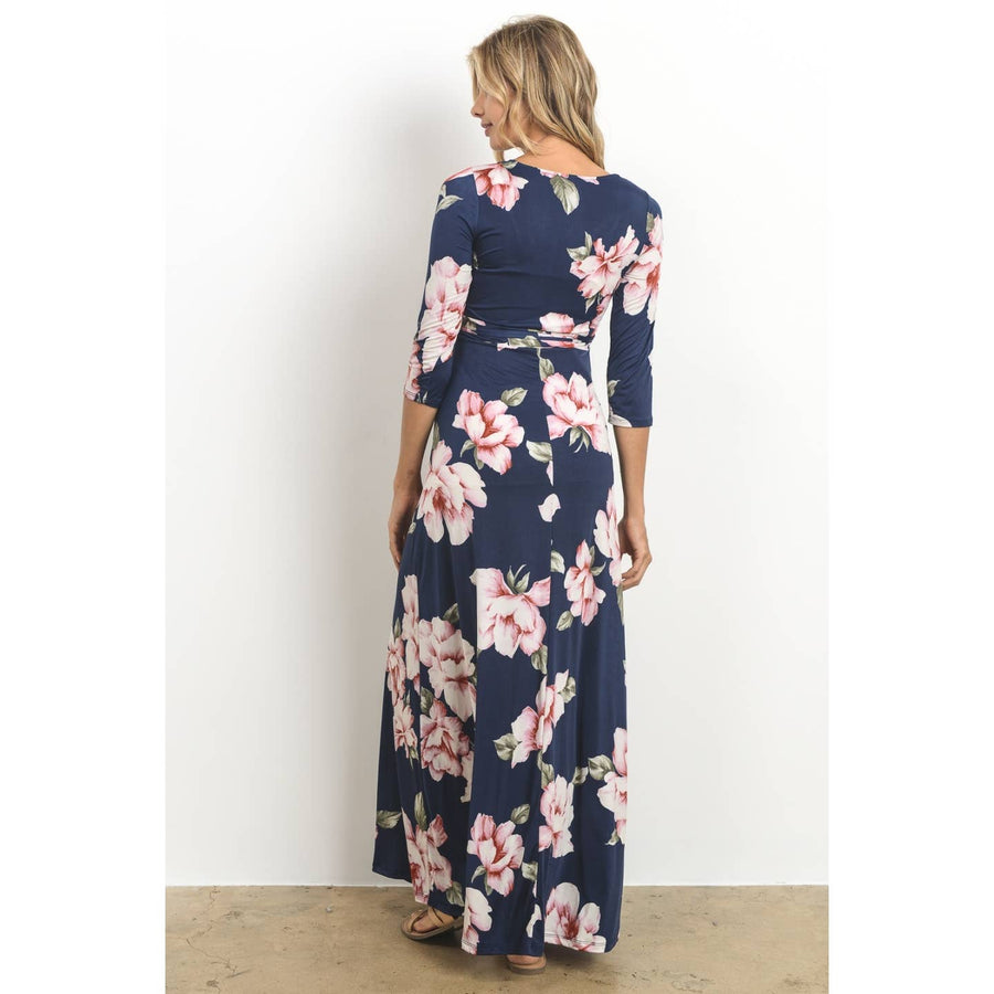 Floral Print Faux Wrap Maternity Maxi Dress - Navy
