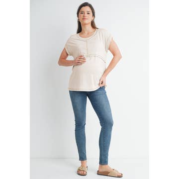 Double Layer Short Sleeve Maternity/Nursing Top - Oatmeal