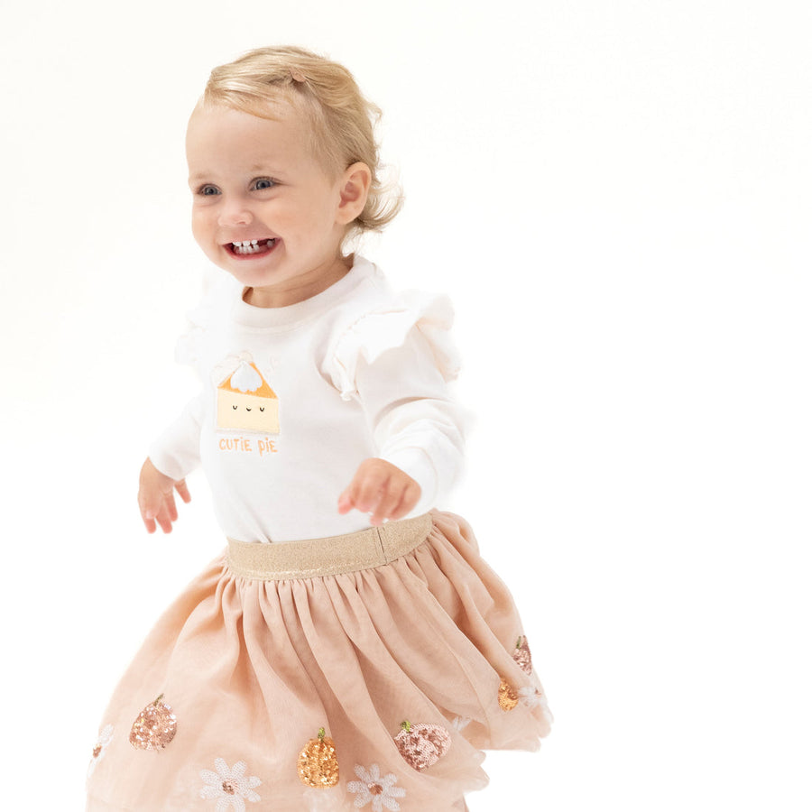 Ruffle Shoulder Sweatshirt - Cutie Pie Embroidery