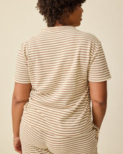 Luxe Terry Maternity & Nursing Split Hem T-Shirt - Ivory and Chocolate Stripe