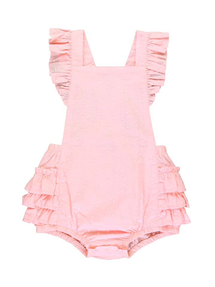 Girls Pink Embroidered Vintage Dot Flutter Romper