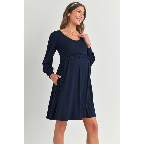 Scoop Neck Puff Sleeve Maternity Dress with Pockets - Navy