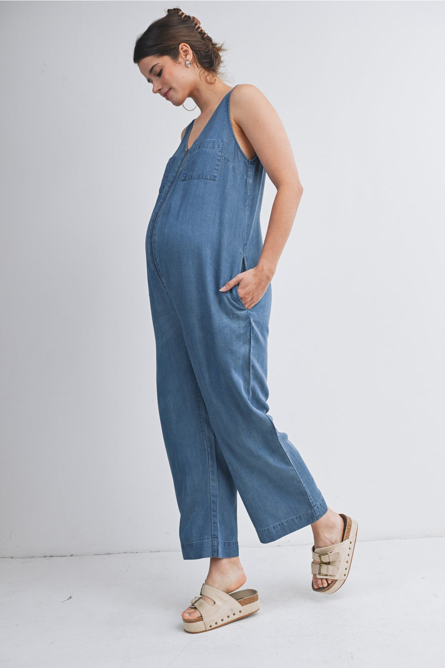 Sleeveless Maternity/Nursing Denim Jumpsuit