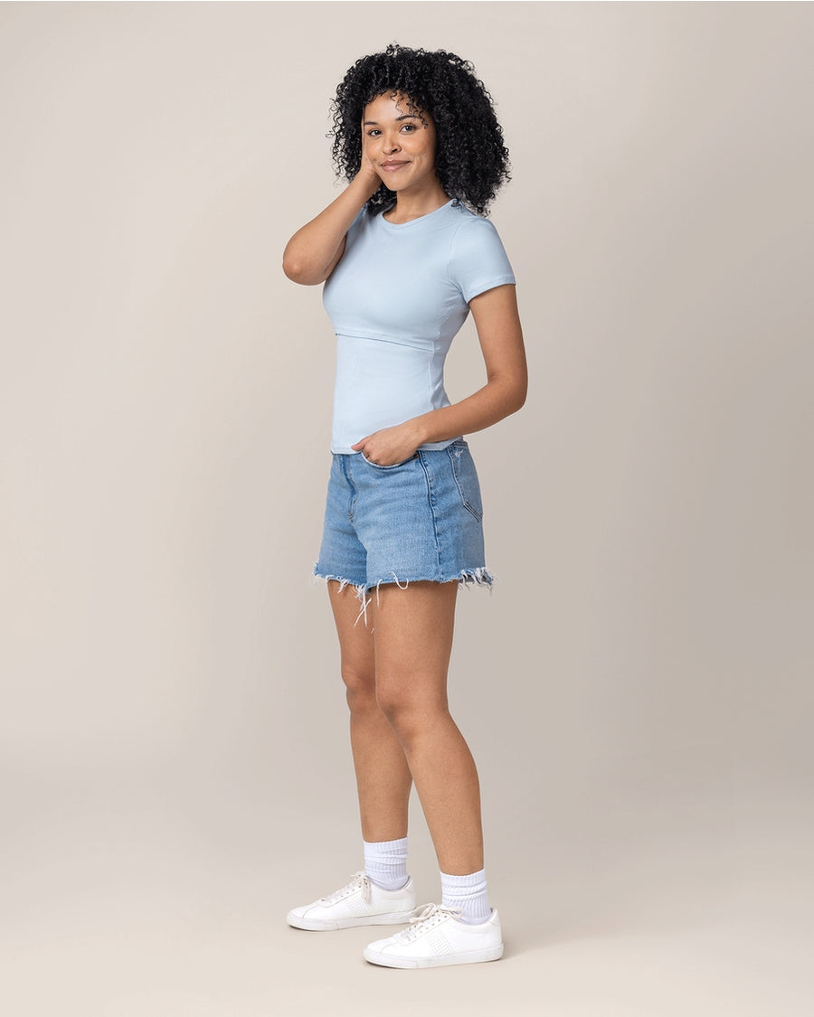 Ribbed Bamboo Crew Neck Nursing T-Shirt - French Blue