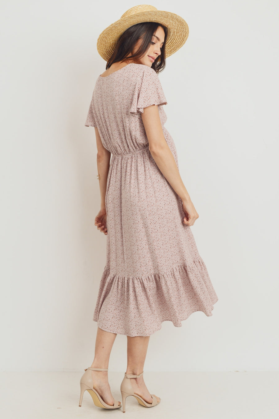 Flutter Sleeve V-Neck Maternity Ruffle Midi Dress - Mauve