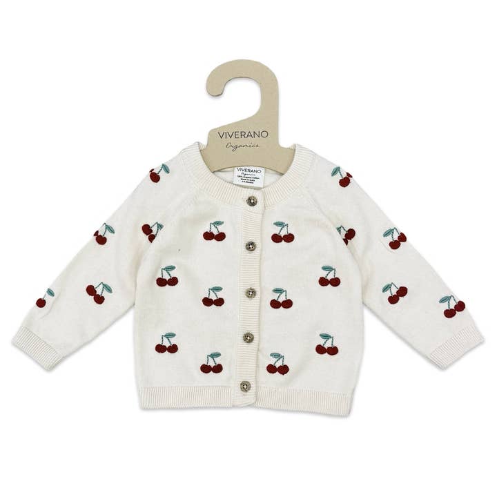 Organic Cherry Embroidered Sweater Knit Baby Cardigan