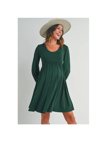 Scoop Neck Puff Sleeve Maternity Dress with Pockets - Green