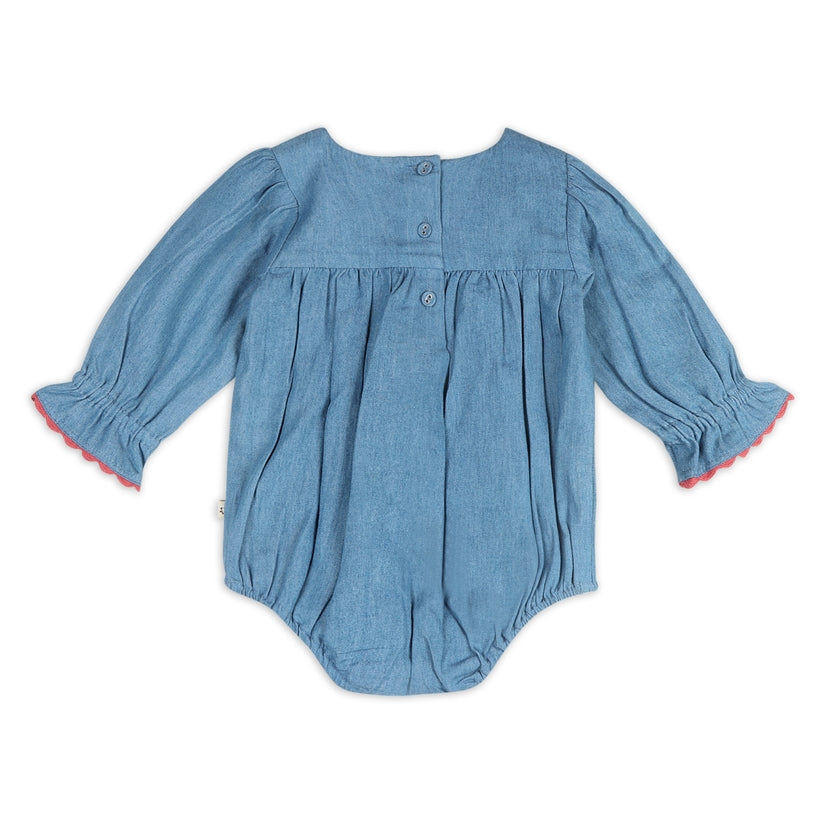Organic Denim Baby Romper + Headband Set - Ida Floral Embroidery