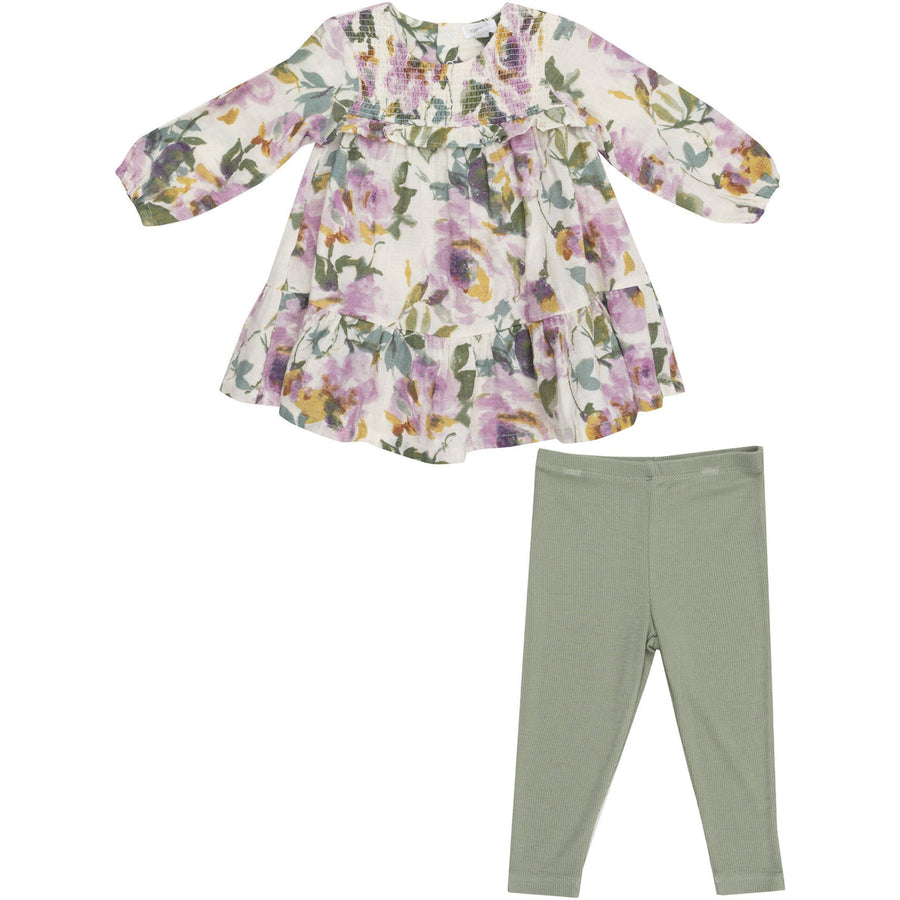 Smocked Ruffle Dress with Crochet Trim and Ribbed Leggings - Watercolor Rose