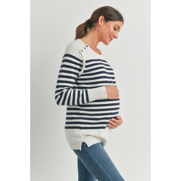 Stripe Maternity Nursing Sweater Top with Button Detail - Navy/White