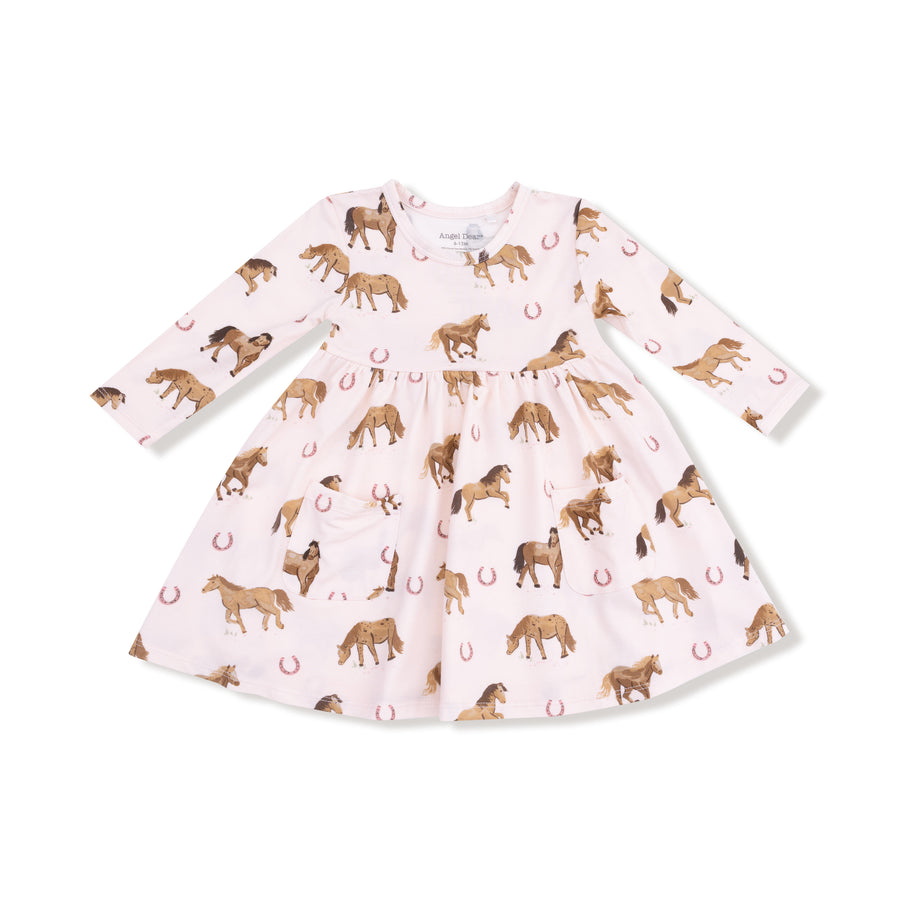 Long Sleeve Twirly Dress - Horses - Pink