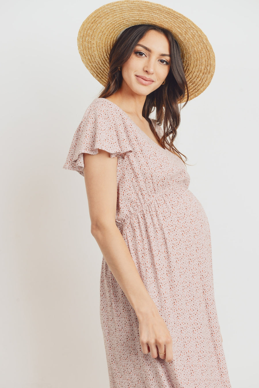 Flutter Sleeve V-Neck Maternity Ruffle Midi Dress - Mauve