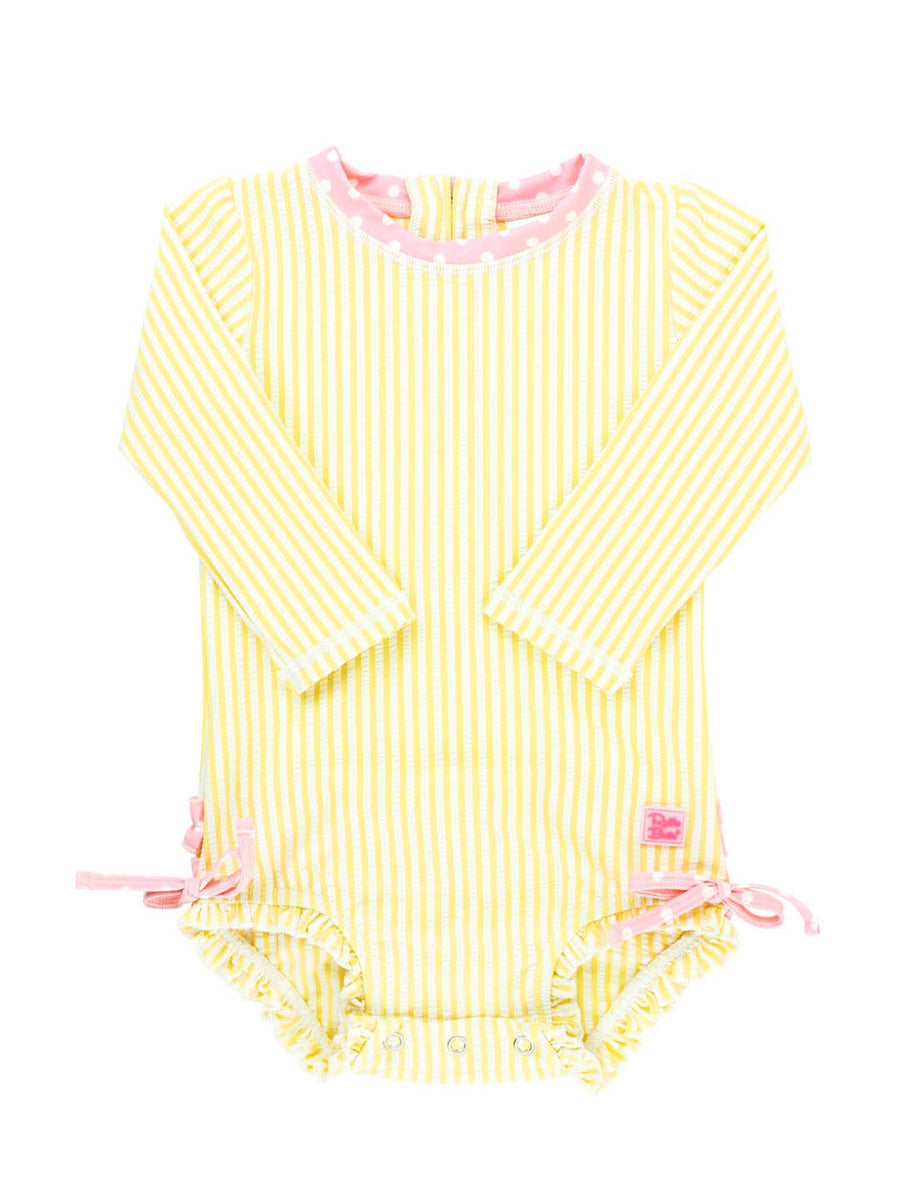 Banana Seersucker Long Sleeve Swimsuit with Rear Ruffles