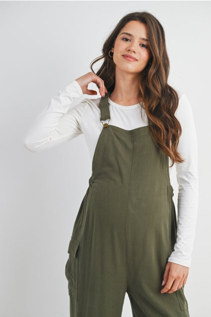 Straight Leg Maternity Adjustable Overalls - Olive