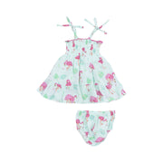 Tie Strap Smocked Sundress and Diaper Cover - Flamingos