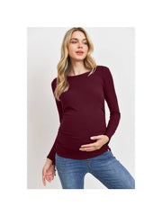 Long Sleeve Adjustable Drawstring Ribbed Maternity Top - Burgundy