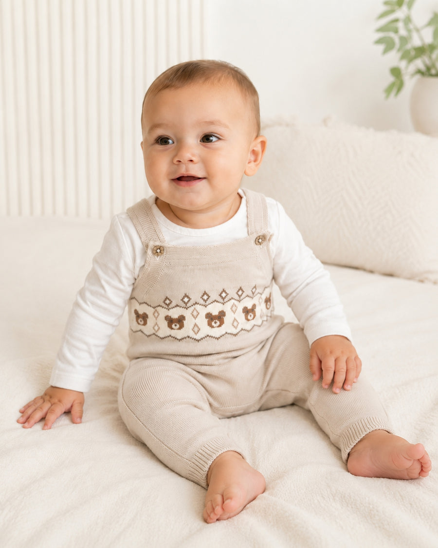Bear Fair Isle Knit Baby Overall & Bodysuit Set - Stone
