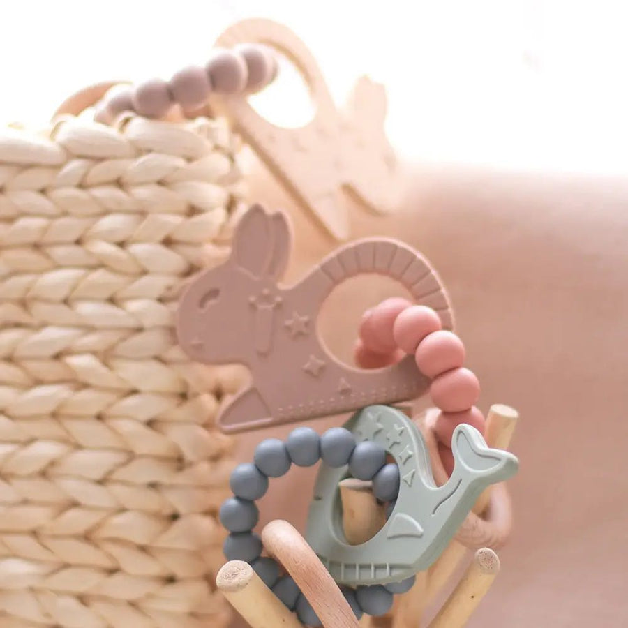 Silicone and Beechwood Bunny Rattle Teether - Various Colors