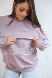 Relaxed Fit Invisible Zipper Breastfeeding Sweatshirt with Piping - Lilac