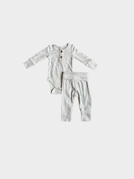 Ribbed Henley Bodysuit & Pant Set - Milk White