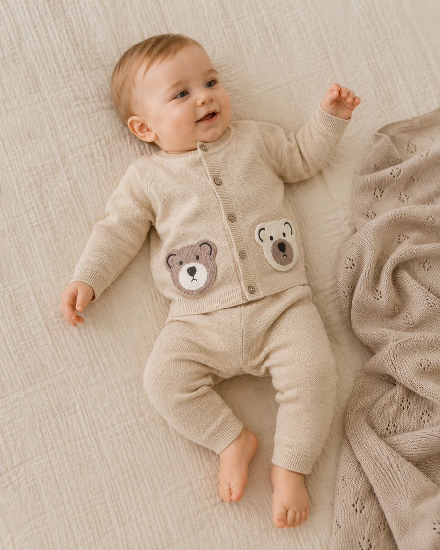 Cozy Bear Applique Knit Cardigan Sweater And Pant Set