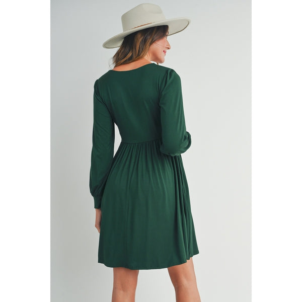 Scoop Neck Puff Sleeve Maternity Dress with Pockets - Green