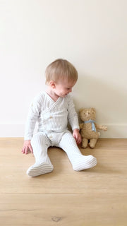 Teddy Bear Knit Wrap Kimono Romper - Blue