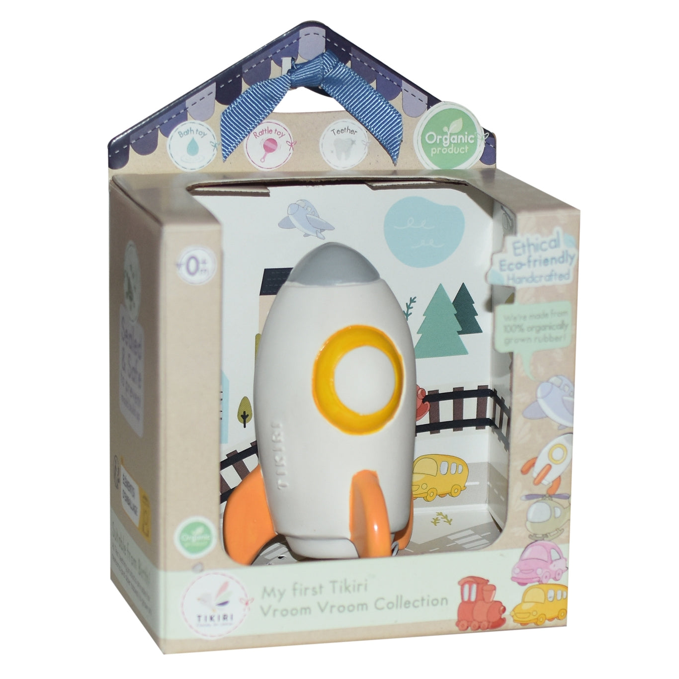 Natural Organic Rubber Rattle Teether - Rocket