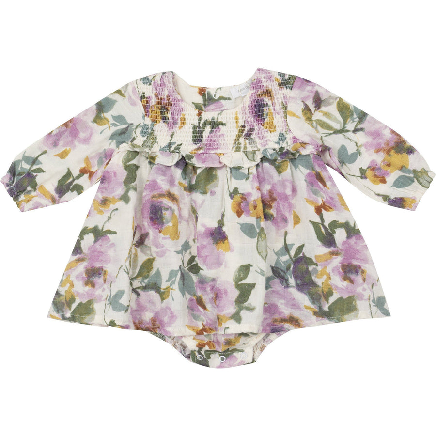 Long Sleeved Smocked Ruffle Bubble With Skirt - Watercolor Rose