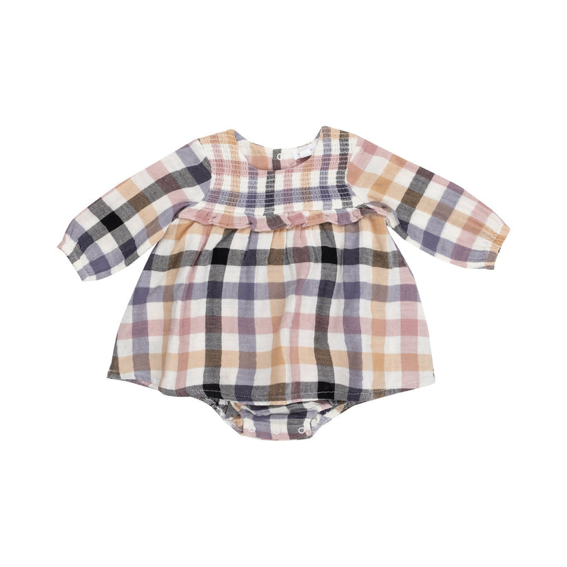 Long Sleeved Smocked Ruffle Bubble With Skirt - Harvest Plaid
