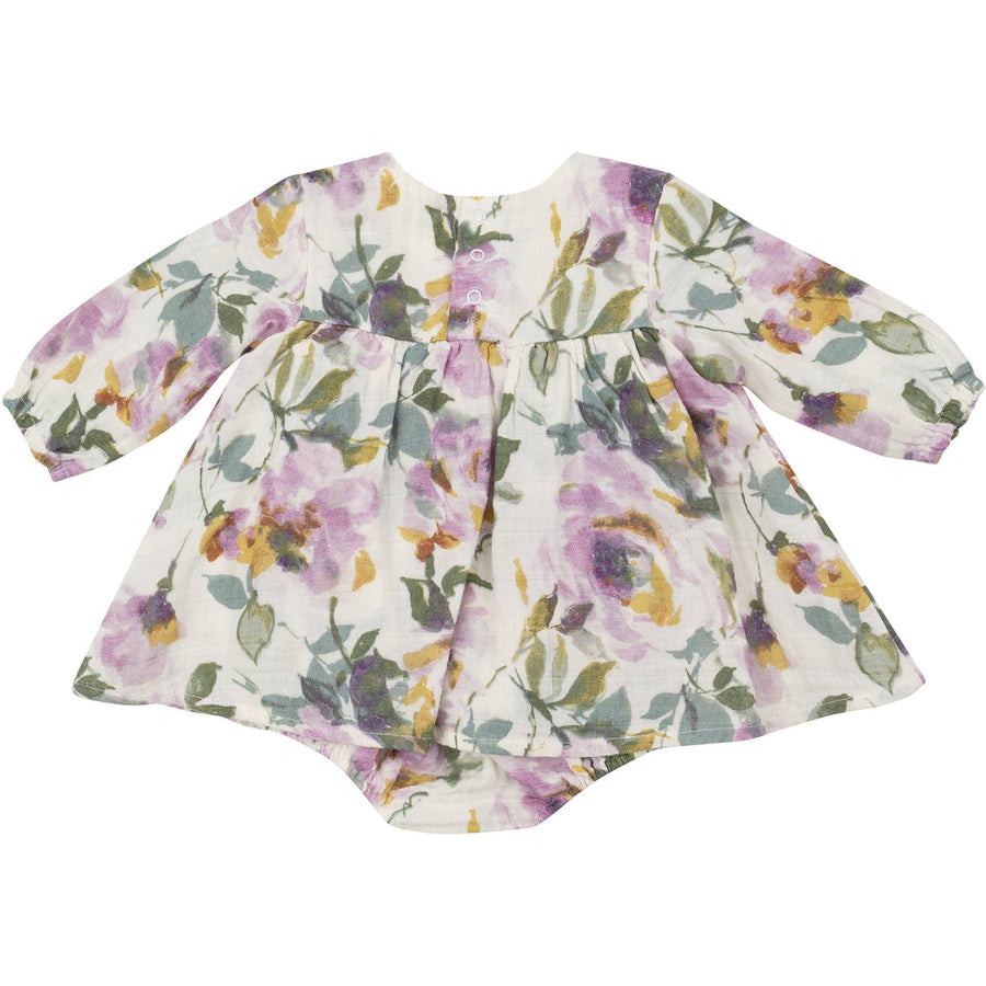 Long Sleeved Smocked Ruffle Bubble With Skirt - Watercolor Rose
