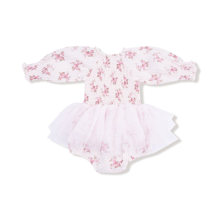 Long Sleeve Smocked Bubble with Tutu - Belle Rosette Dot