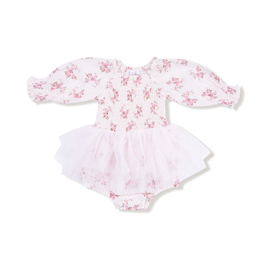 Long Sleeve Smocked Bubble with Tutu - Belle Rosette Dot
