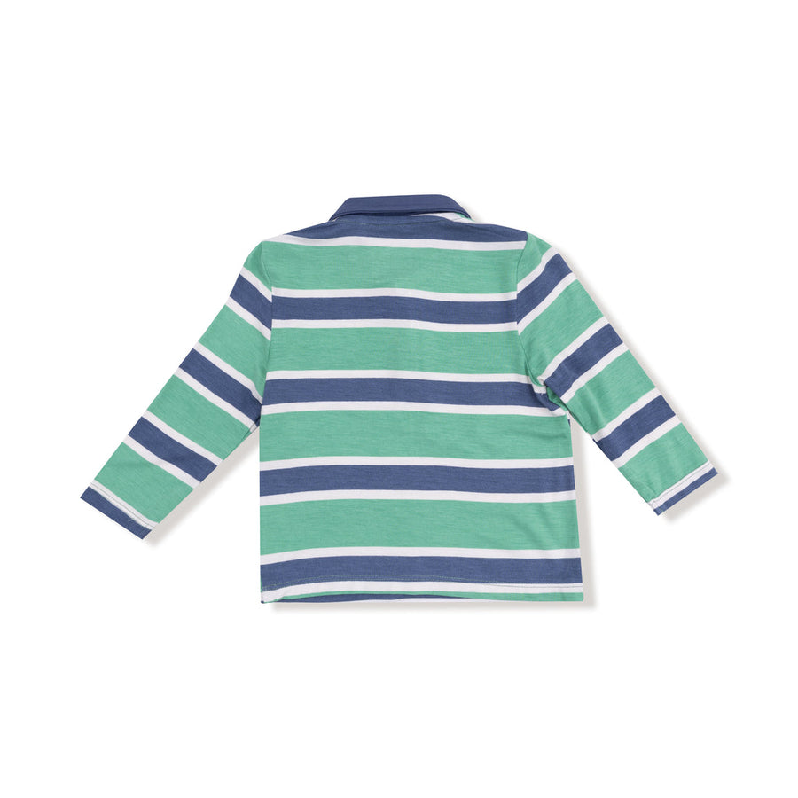 Rugby Stripe Polo Long Sleeve Shirt - Green and Navy
