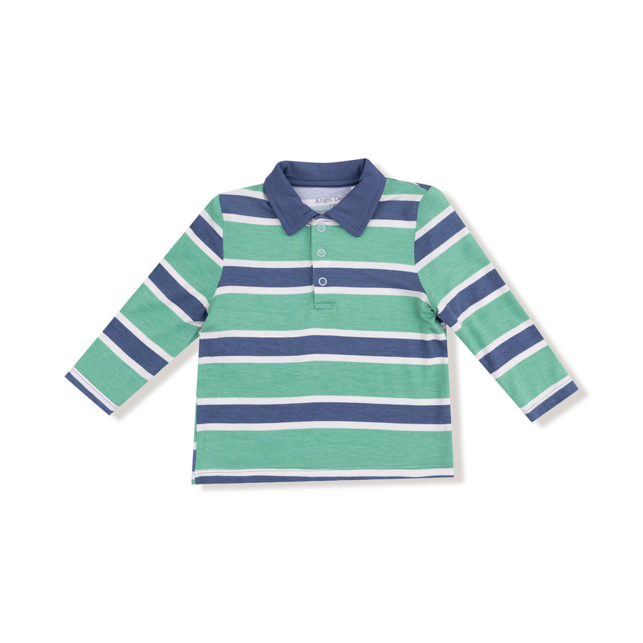 Rugby Stripe Polo Long Sleeve Shirt - Green and Navy