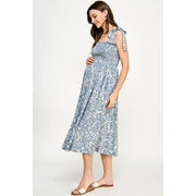Light Blue Tie Shoulder Smocked Maternity Midi Dress