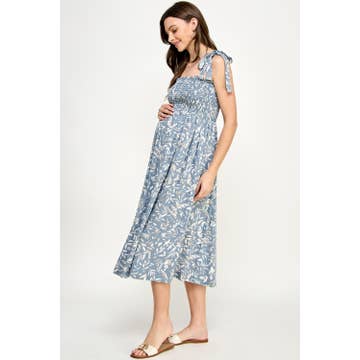 Light Blue Tie Shoulder Smocked Maternity Midi Dress