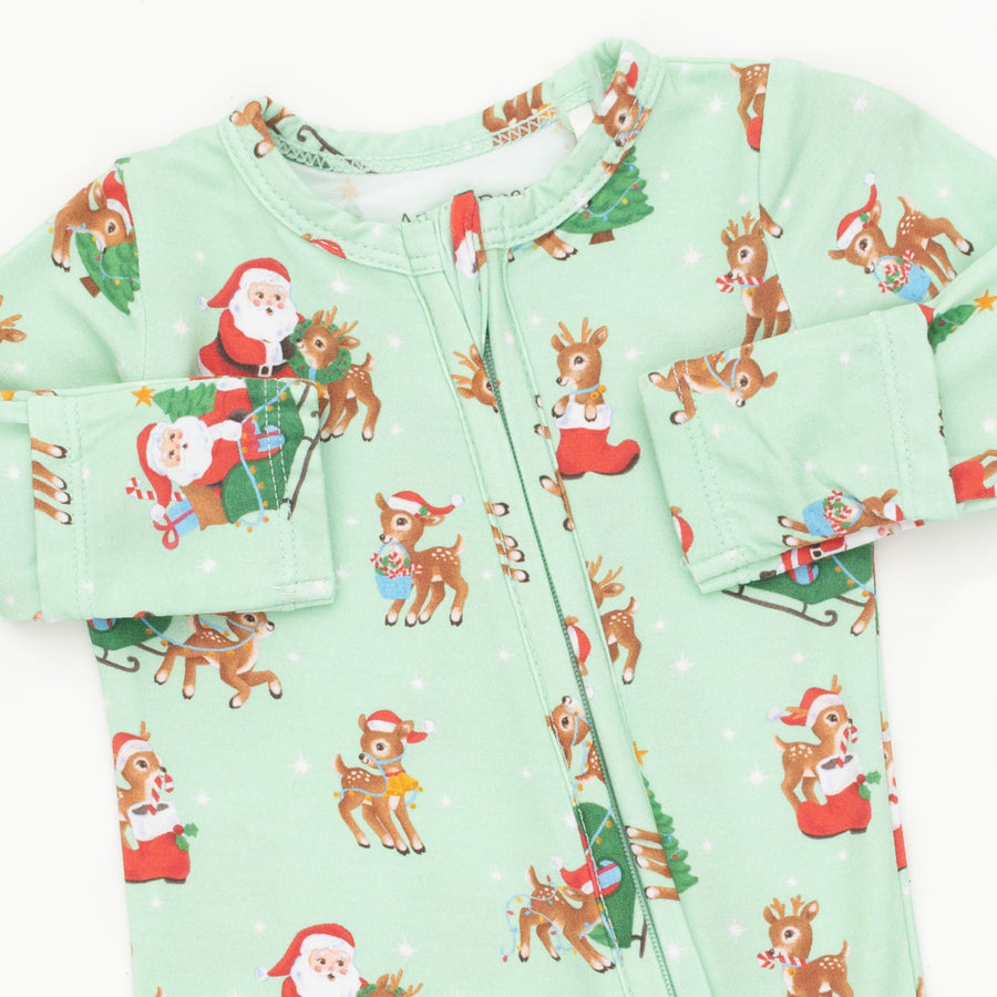 Bamboo Zipper Footie - Vintage Reindeer and Santa Uni