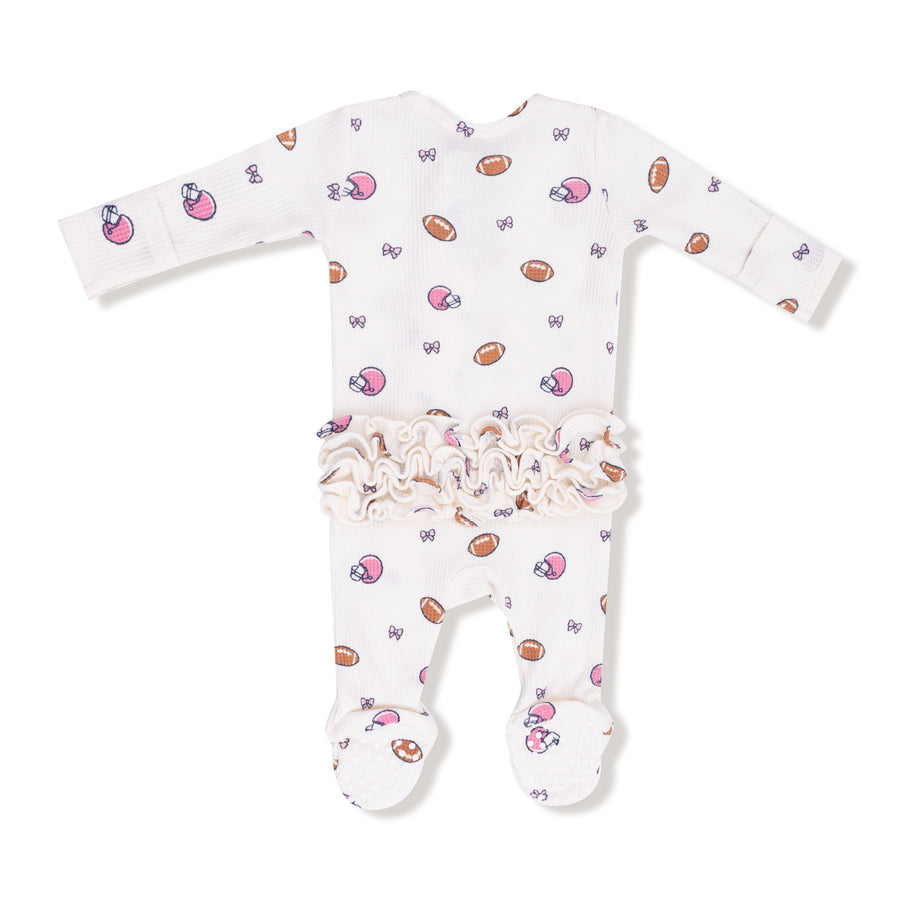 Bamboo Zipper Footie with Ruffles - Football and Bows