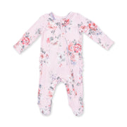 Bamboo Ruffle Back Zipper Footie - Painterly Rose Bouquets