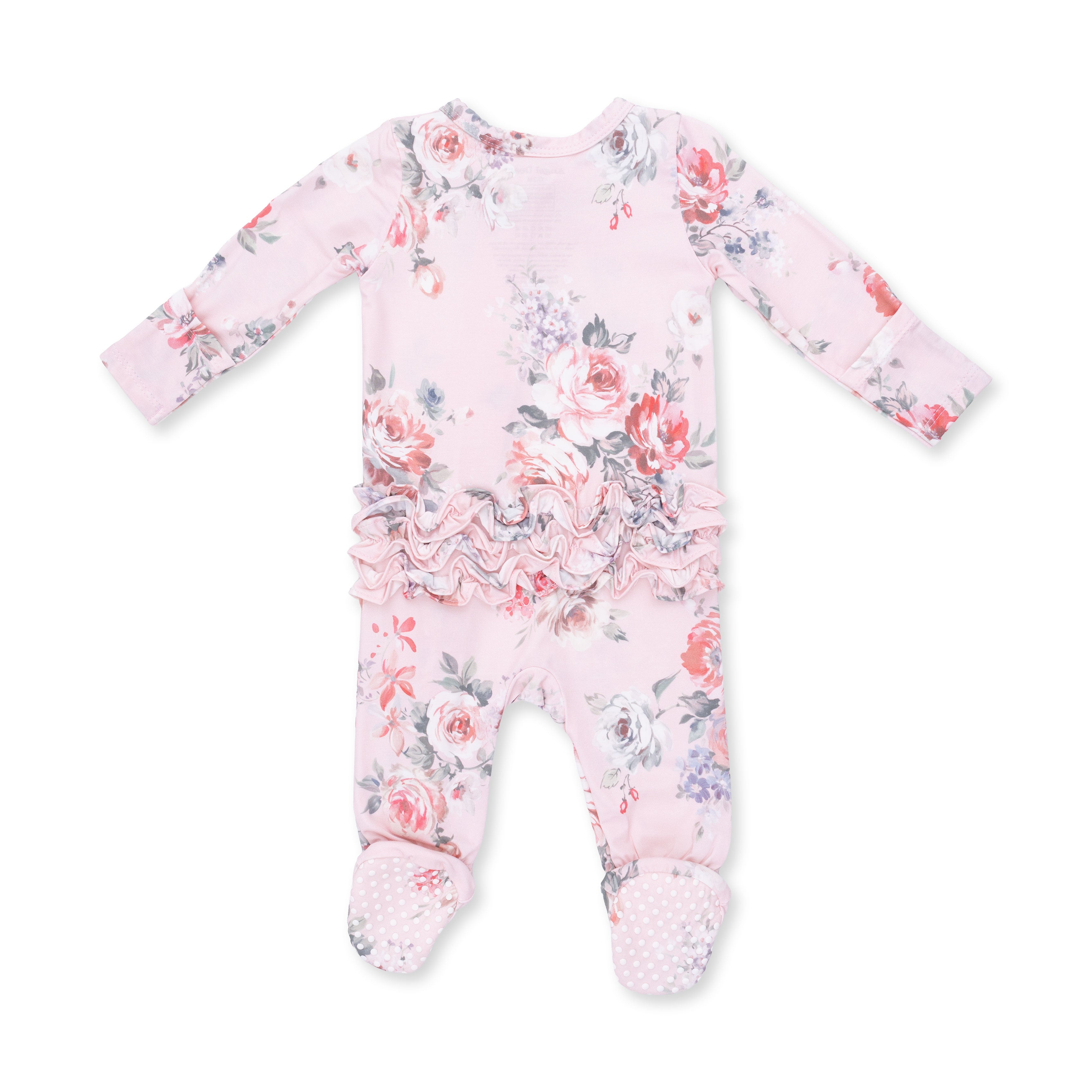 Bamboo Ruffle Back Zipper Footie - Painterly Rose Bouquets