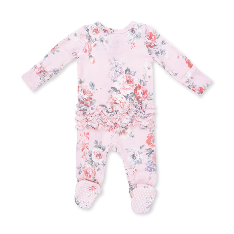 Bamboo Ruffle Back Zipper Footie - Painterly Rose Bouquets