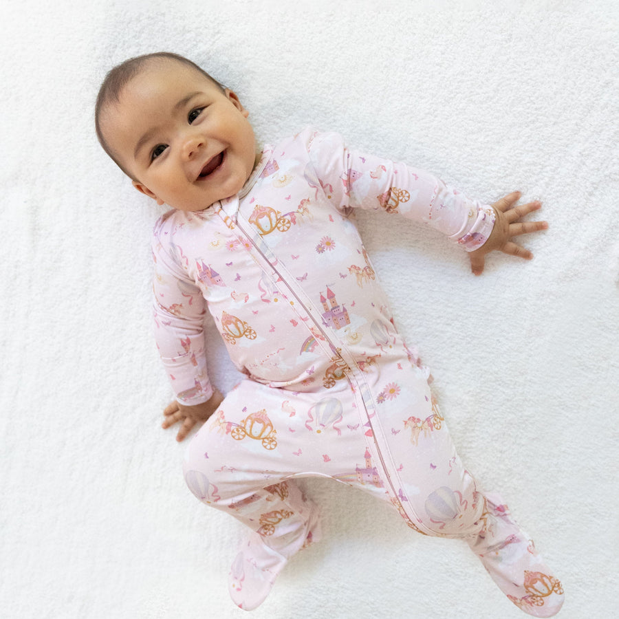 Bamboo Ruffle Back Zipper Footie - Princess Unicorns and Castle