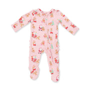 Bamboo Ruffle Back Zipper Footie - Vintage Reindeer and Santa - Pink