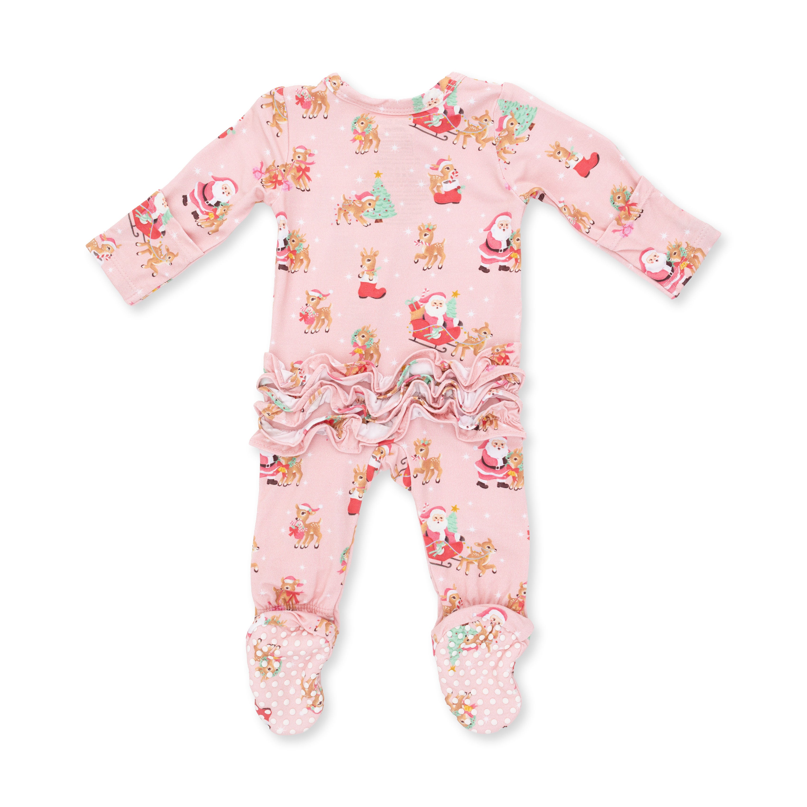 Bamboo Ruffle Back Zipper Footie - Vintage Reindeer and Santa - Pink